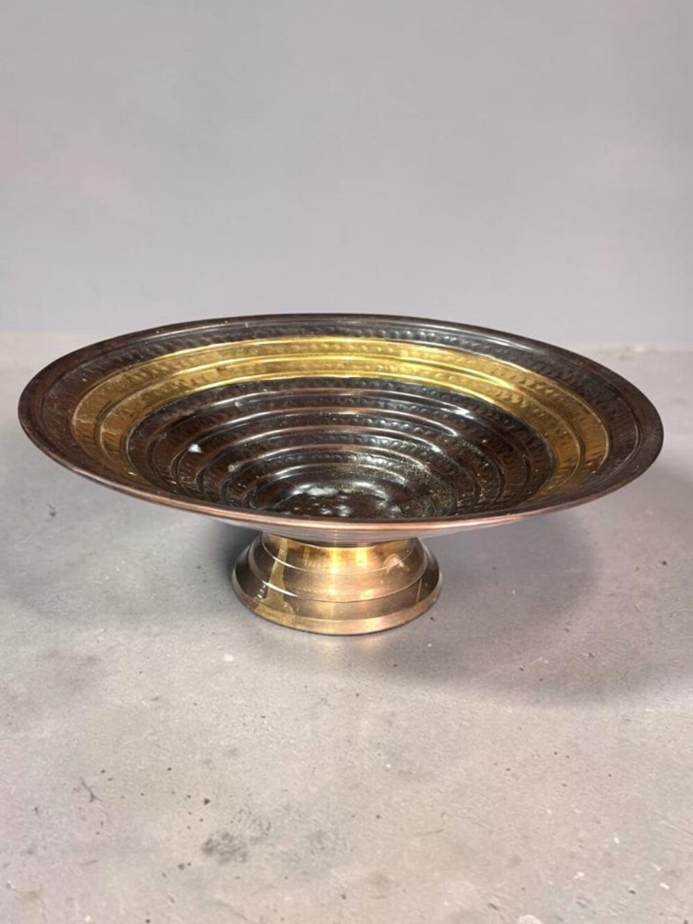 Vintage REMCO Metal Pedestal Bowl Copper Brass Tone Hammered India Decor 13"